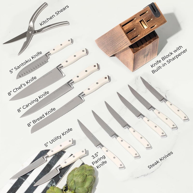 styled settings White Knife Set with Block – 14-Piece Forged Stainless Steel Knives with Triple Rivet Handles, Heavy-Duty Kitchen Shears, and Self-Sharpening Knife Block – Durable White Kitchen Accessories - Image 5
